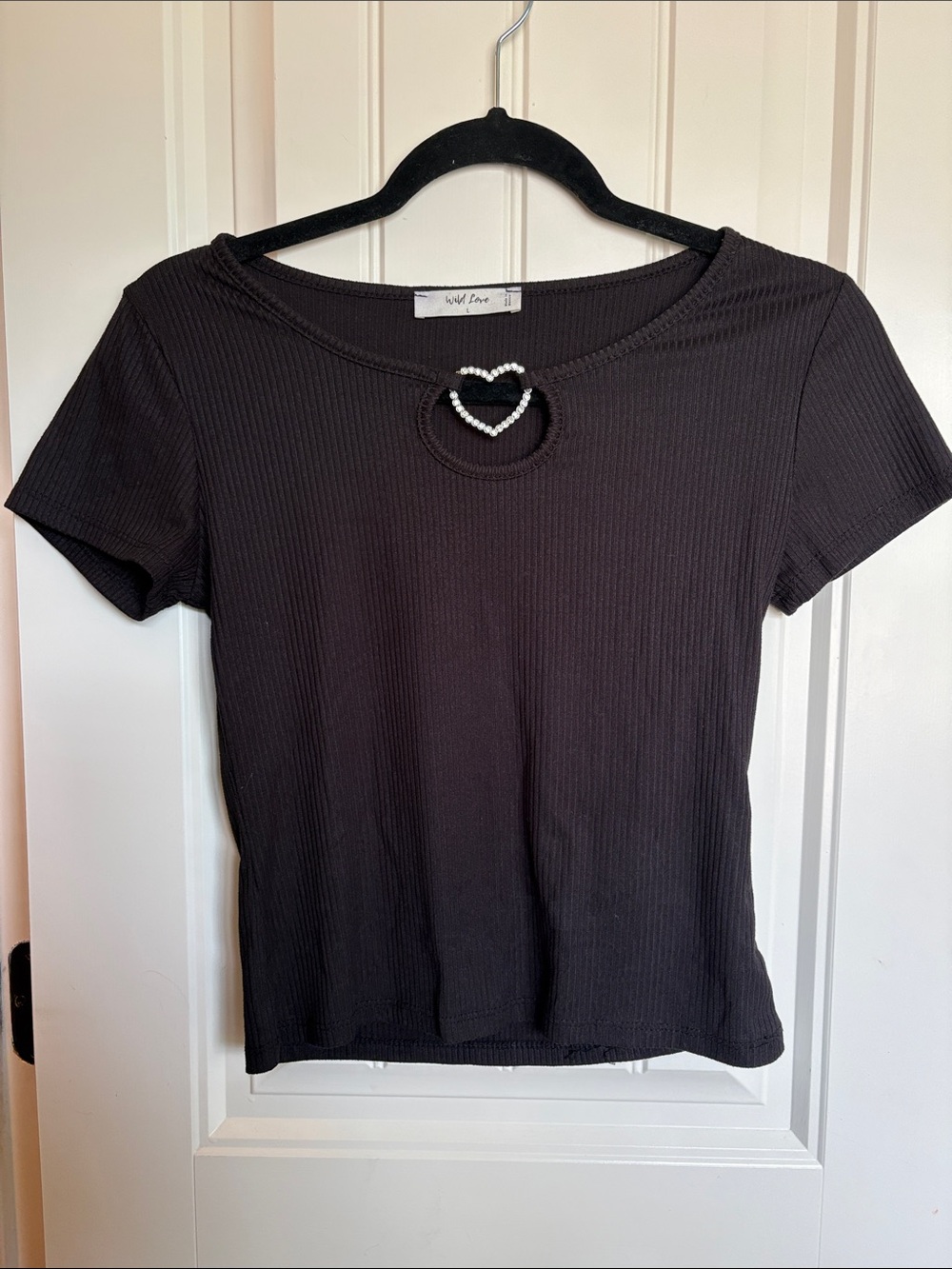 wild fable Black Ribbed Short Sleeve Crop Top with Pearl Heart Accent